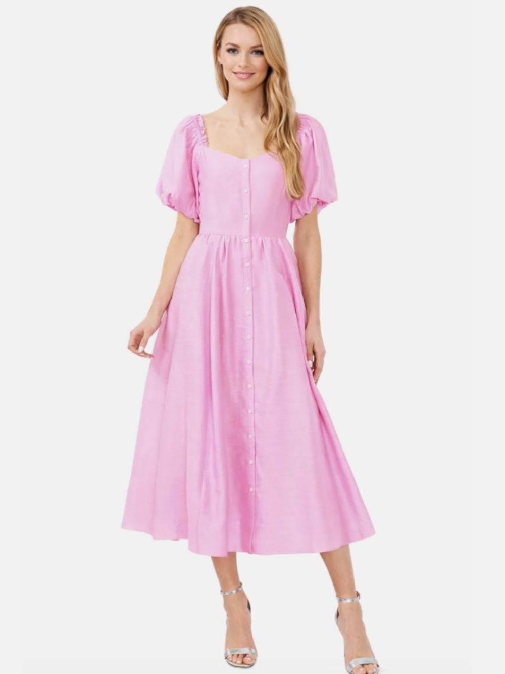 CeCe Women's Puff Sleeve Button Front MIDI Dress Peony Petal Size 10 NWT